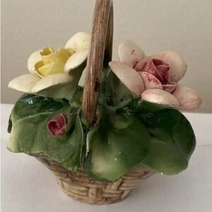 Ceramic Flower Basket Accent with Green Leaves and Pink & Yellow Blooms